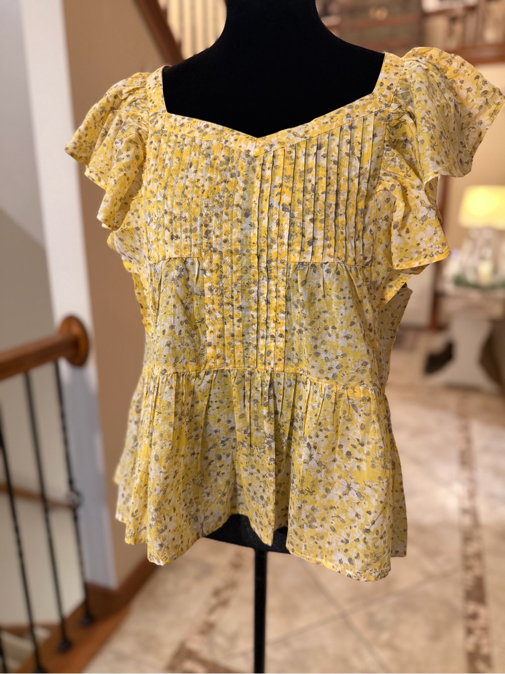 H&M NWT Yellow Floral Ruffle Pintuck Peplum Blouse Size L